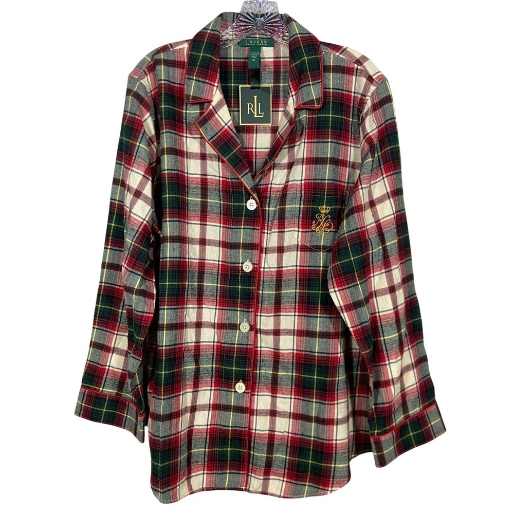 Lauren Ralph Lauren Plaid Pajama Top XL Red Green Flannel Loungewear Holiday NWT